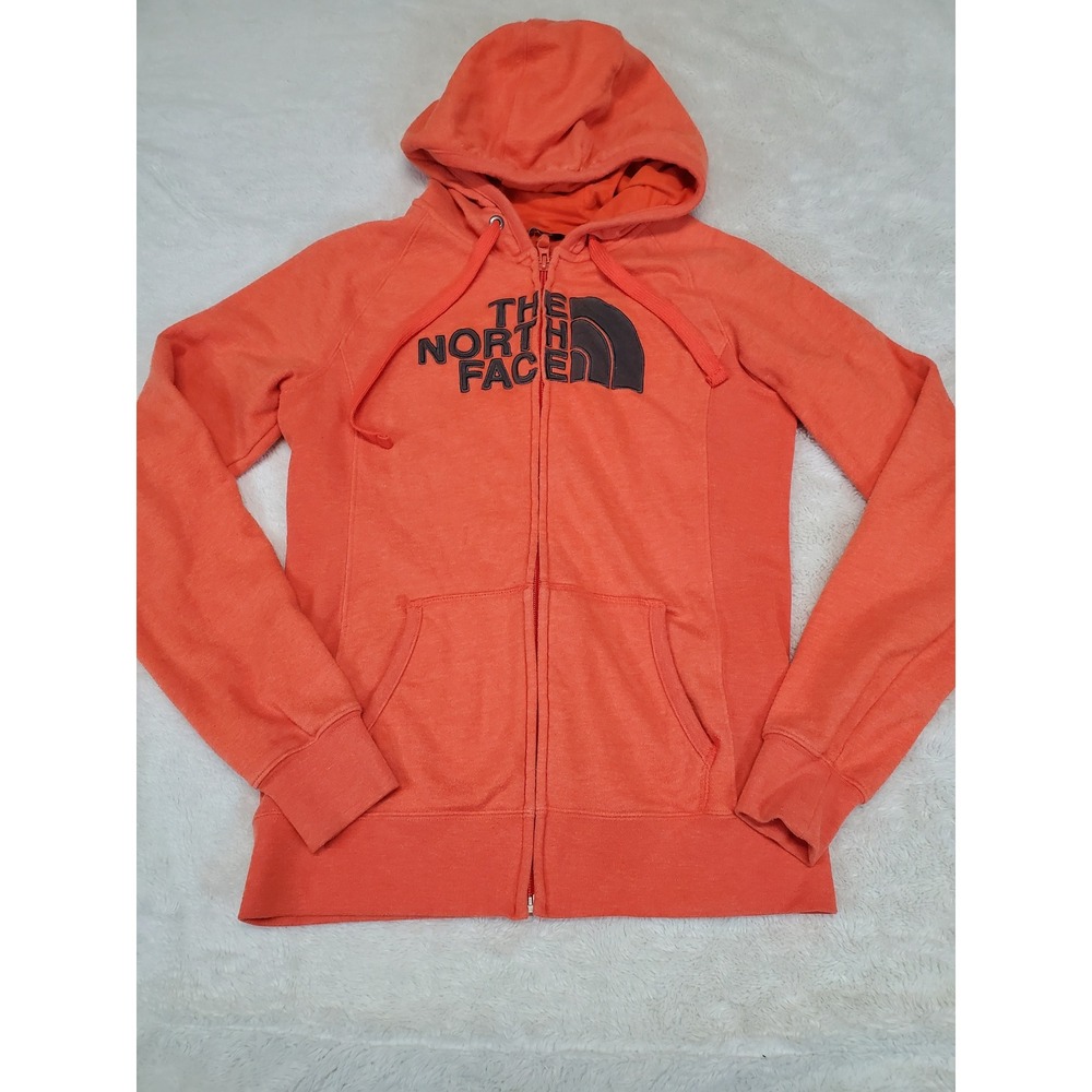 The North Face Orange Gray Logo Full Zip Up Hoodie Sweatshirt Small Casual